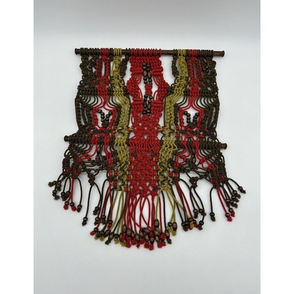 Macrame Wall Hanging Boho Wood Rod Green Red Brown Beads Striped Rope Art Nylon - Picture 1 of 7